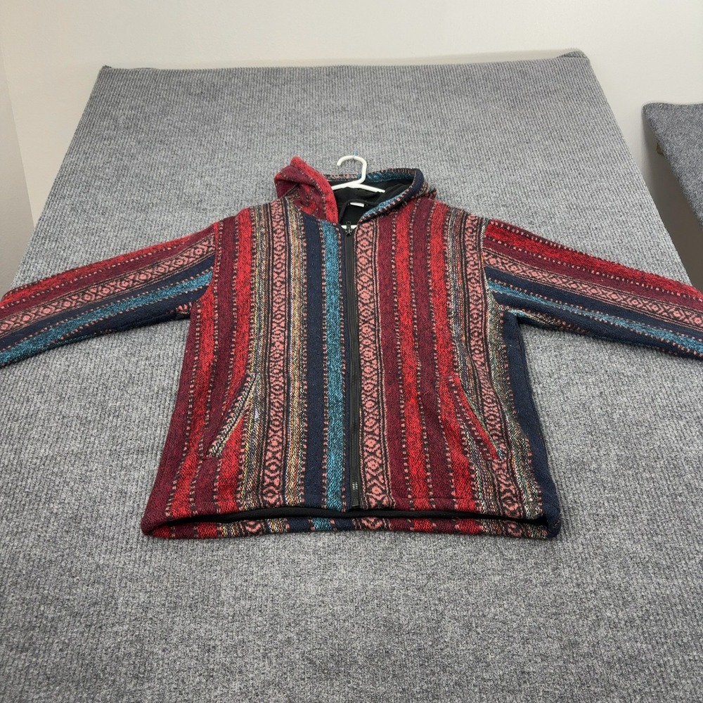 Unbranded Hoodie Jacket Mens M Red Cotton Full Zip Striped Hooded Boho Gorpcore